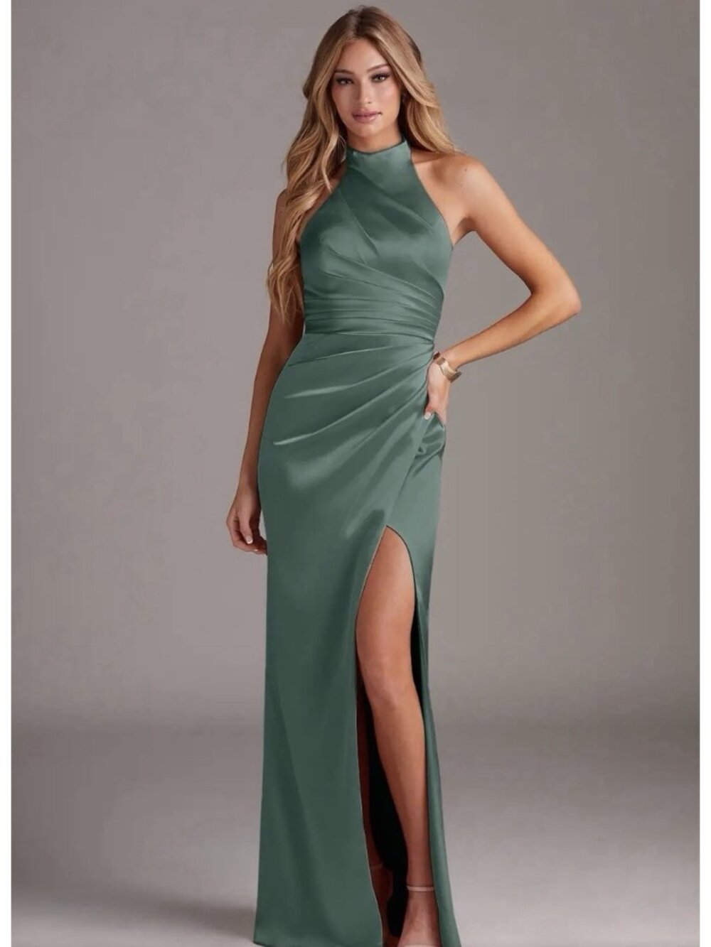 Azazie Jemma Eucalyptus Sheath Pleated Stretch Satin Formal Dress Size A10